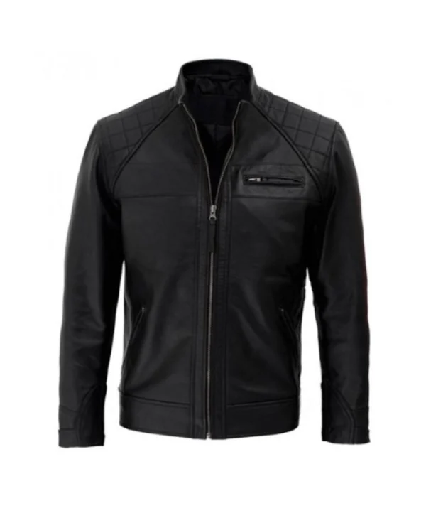 Mens Black Quilted Leather Cafe Racer Motorcycle Jacket