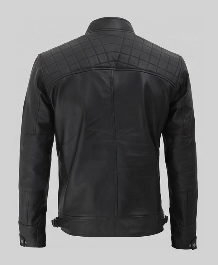 Mens Black Quilted Leather Motorcycle Jacket Back View