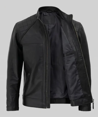 Mens Black Quilted Leather Motorcycle Jacket Front 34 Angle View