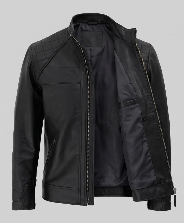 Mens Black Quilted Leather Motorcycle Jacket Front 34 Angle View