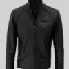 Mens Black Quilted Leather Motorcycle Jacket Front View