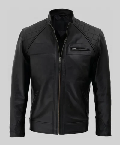 Mens Black Quilted Leather Motorcycle Jacket Front View