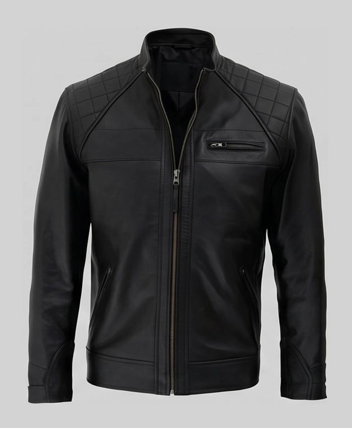 Mens Black Quilted Leather Motorcycle Jacket Front View