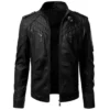 Mens Black Biker Quilted Slim Fit Leather Jacket