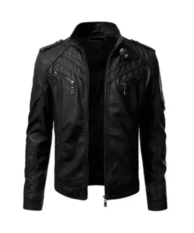 Mens Black Biker Quilted Slim Fit Leather Jacket