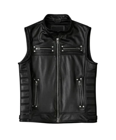 Shop Men’s Motorcycle Zipper Pockets Black Leather Vest