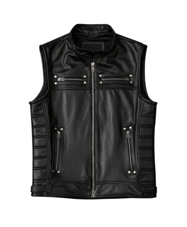 Shop Men’s Motorcycle Zipper Pockets Black Leather Vest