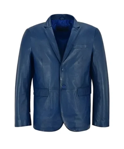 Shop Classic Blue Leather Blazer For Mens
