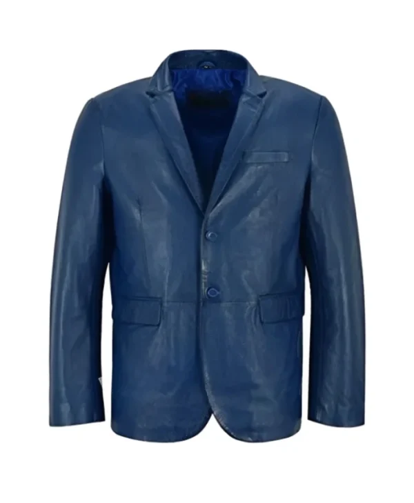 Shop Classic Blue Leather Blazer For Mens
