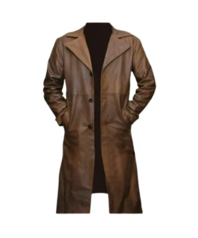 Brown Leather Long Trench Coat For Mens