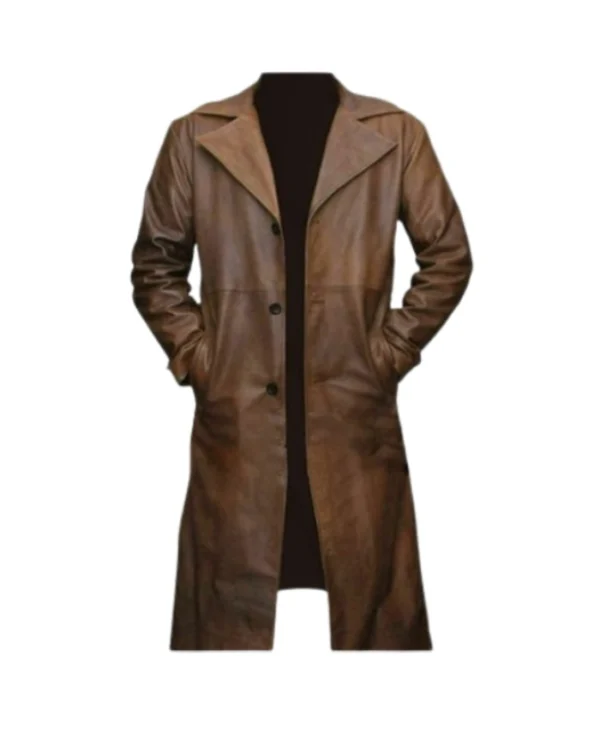 Brown Leather Long Trench Coat For Mens