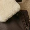 Mens Brown Pilot Shearling Leather Bomber Jacket Close Up Collar and Zip