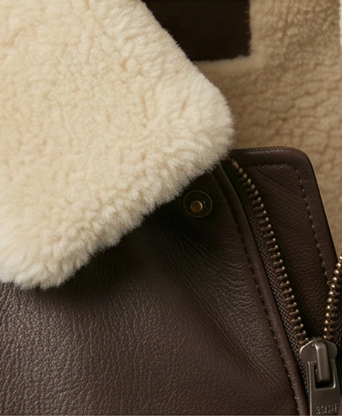 Mens Brown Pilot Shearling Leather Bomber Jacket Close Up Collar and Zip