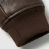 Mens Brown Pilot Shearling Leather Bomber Jacket Close Up Cuff