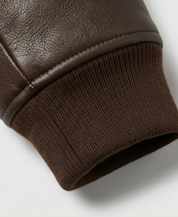 Mens Brown Pilot Shearling Leather Bomber Jacket Close Up Cuff