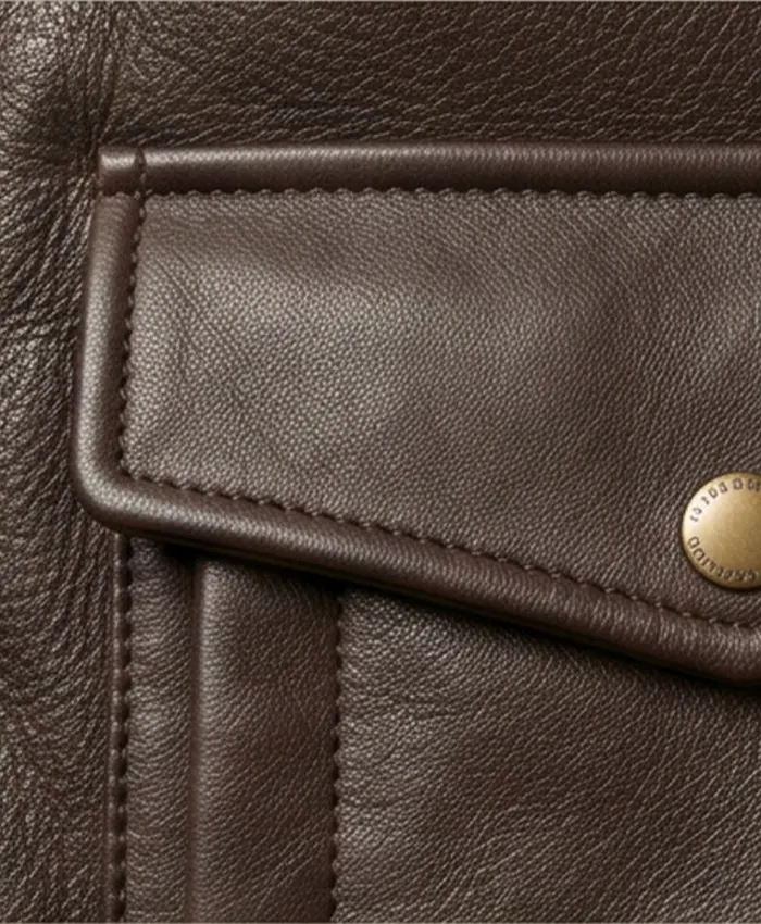 Mens Brown Pilot Shearling Leather Bomber Jacket Close Up Pocket