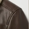 Mens Brown Pilot Shearling Leather Bomber Jacket Close Up Shoulder