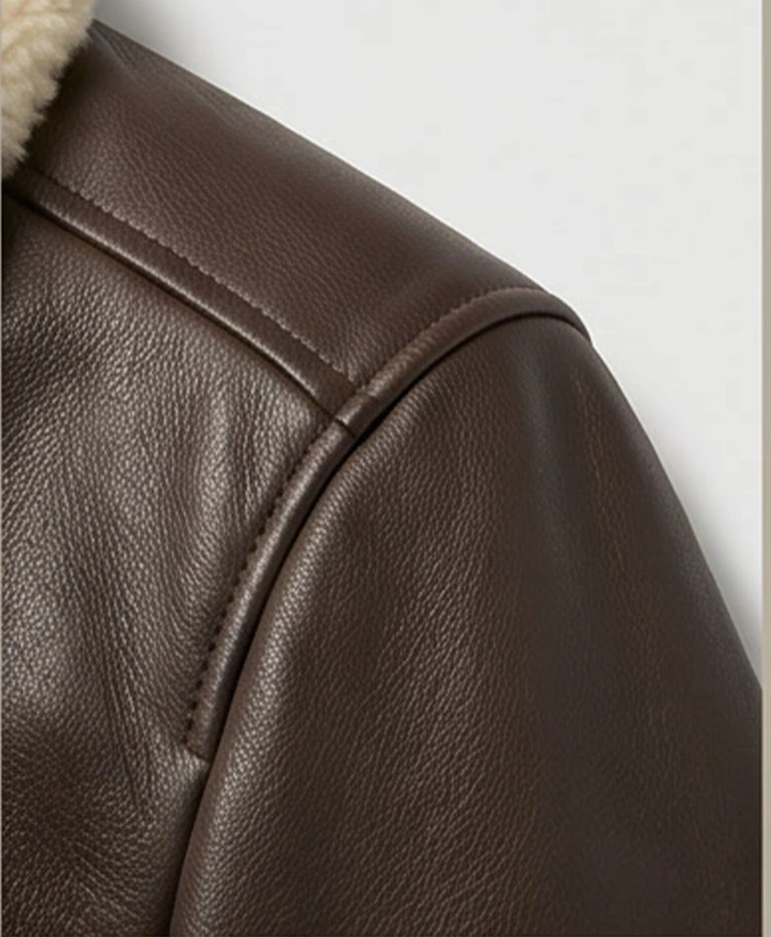 Mens Brown Pilot Shearling Leather Bomber Jacket Close Up Shoulder