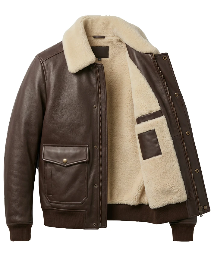 Mens Brown Pilot Shearling Leather Bomber Jacket Inner