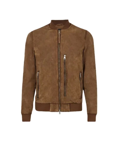 Mens Brown Suede Real Leather Bomber Jacket
