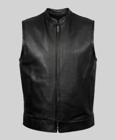 Mens Classic Plain Black Leather Vest