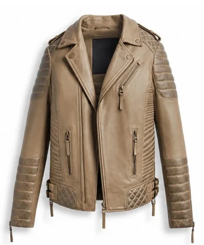 Mens Desert Brown Biker Leather Jacket Front View