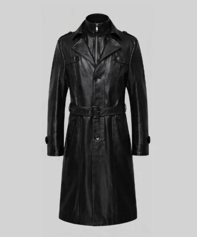 Mens Long Leather Belted Trench Coat