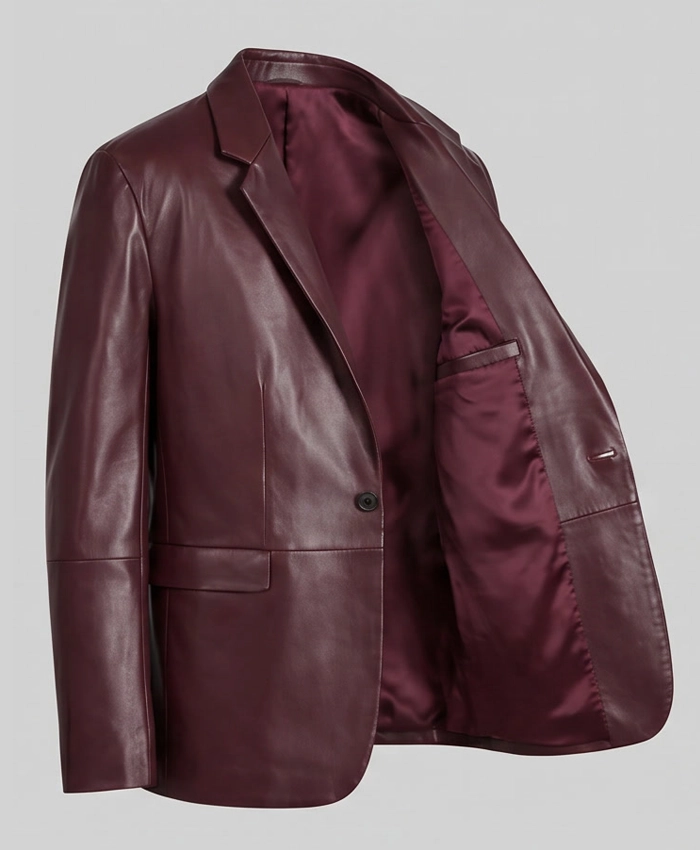 Mens Maroon Leather Long Sleeves Blazer