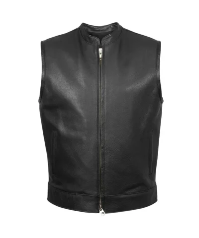 Classic Plain Black Zip-Up Leather Vest For Mens
