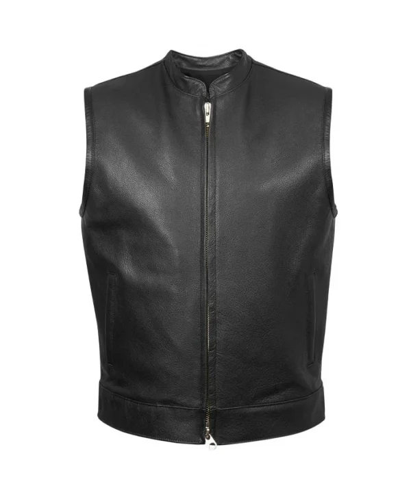 Classic Plain Black Zip-Up Leather Vest For Mens
