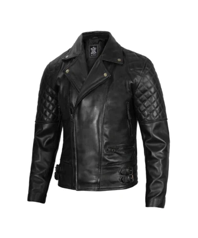 Men’s Black Biker Laeather Jacket with Asymmetrical Design