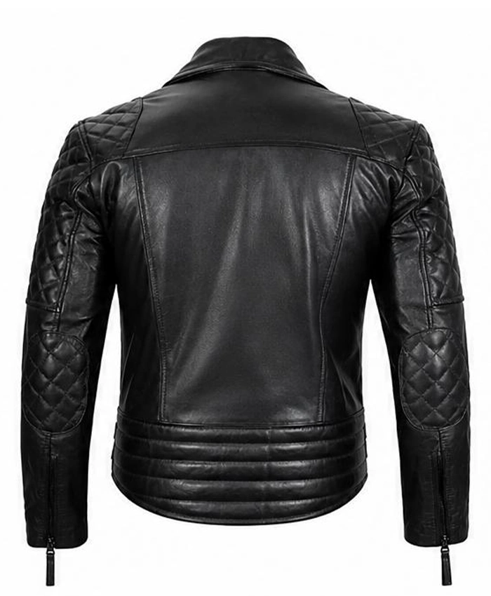 Mens Quilted Asymmetrical Black Biker Leather Jacket Back View