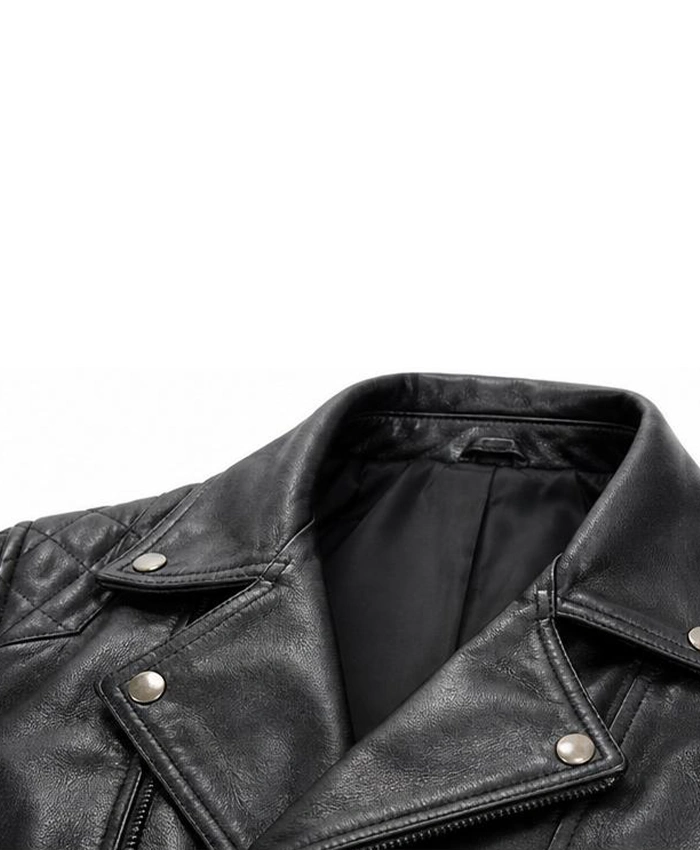 Mens Quilted Asymmetrical Black Biker Leather Jacket Collar Close Up