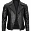Mens Quilted Asymmetrical Black Biker Leather Jacket Front View