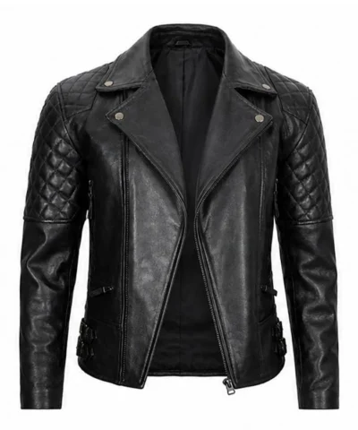 Mens Quilted Asymmetrical Black Biker Leather Jacket Front View