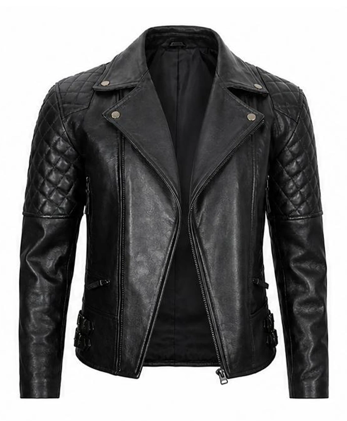 Mens Quilted Asymmetrical Black Biker Leather Jacket Front View