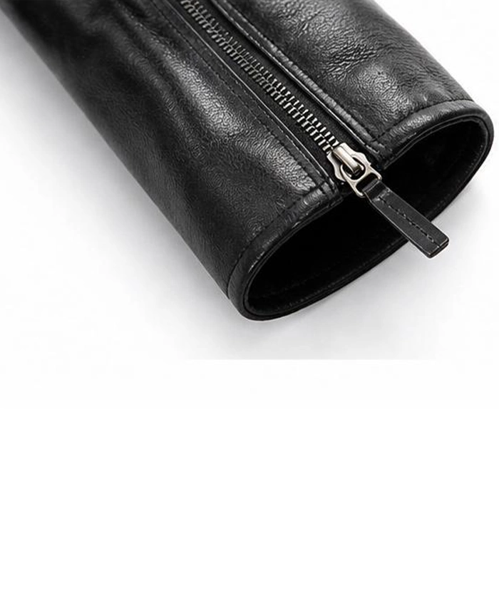 Mens Quilted Asymmetrical Black Biker Leather Jacket Sleeve Close Up