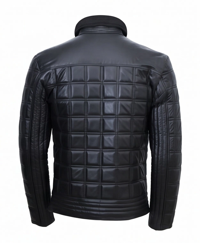 Mens Quilted Black Leather Jacket Back View