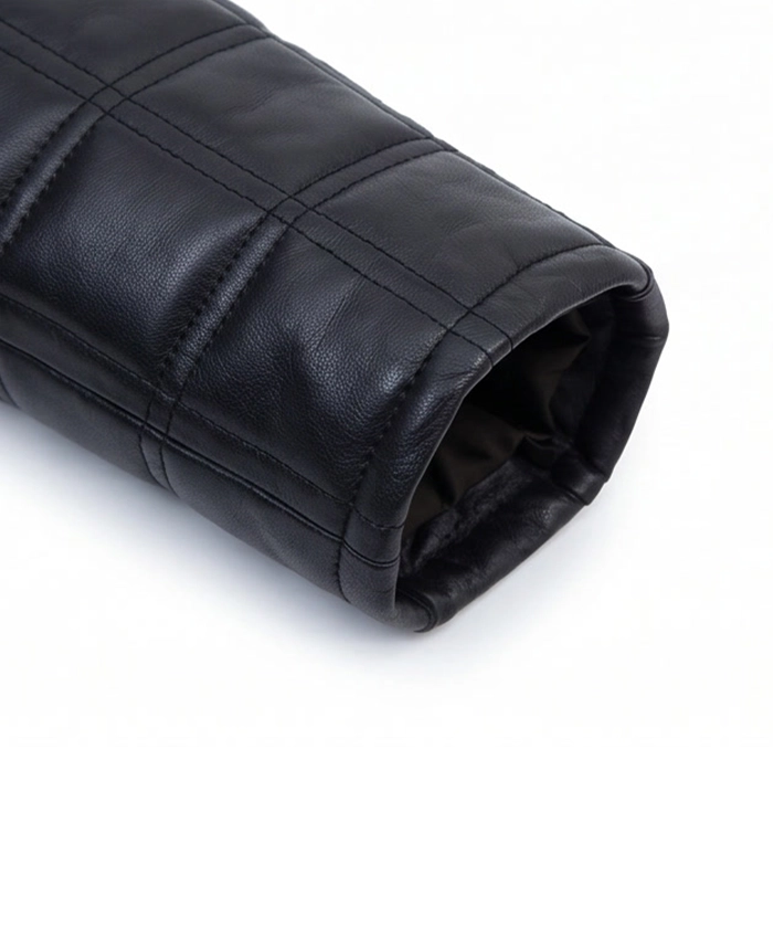 Mens Quilted Black Leather Jacket Close Up Sleeve