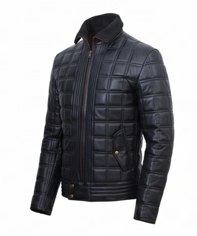 Mens Quilted Black Leather Jacket Front View