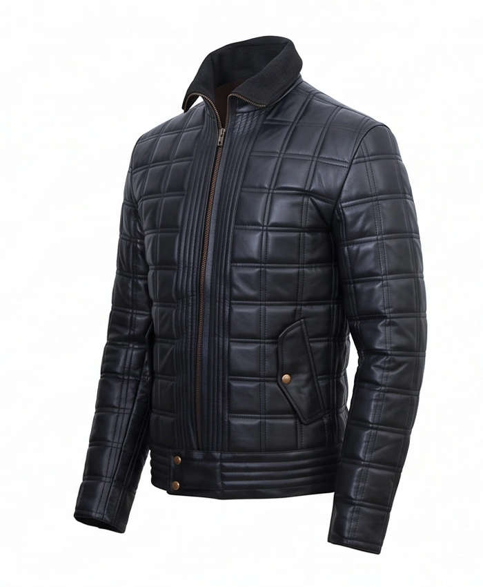 Mens Quilted Black Leather Jacket Front View