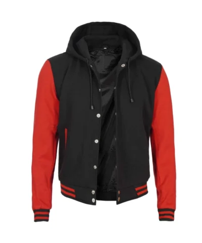 Red and Black Mens Varsity Jacket with Hood