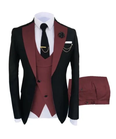 Men's Three Piece Black and Maroon Tuxedo