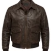 Mens Vintage A2 Leather Brown Bomber Jacket Front View