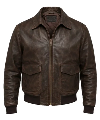 Mens Vintage A2 Leather Brown Bomber Jacket Front View