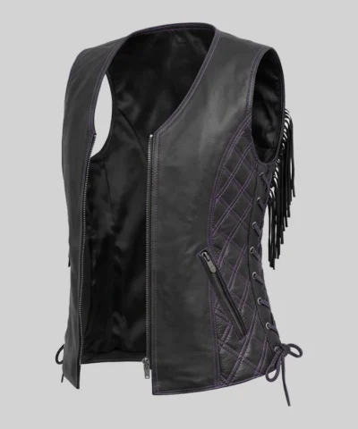 Motorcycle Fring Black Leather Vest For Women