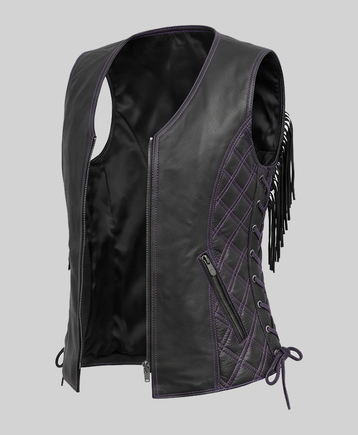 Motorcycle Fring Black Leather Vest For Women