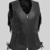 Motorcycle Fring Black Leather Vest For Womens