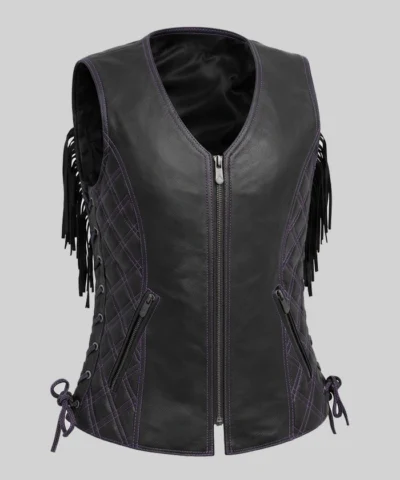 Motorcycle Fring Black Leather Vest For Womens