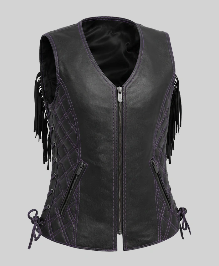 Motorcycle Fring Black Leather Vest For Womens